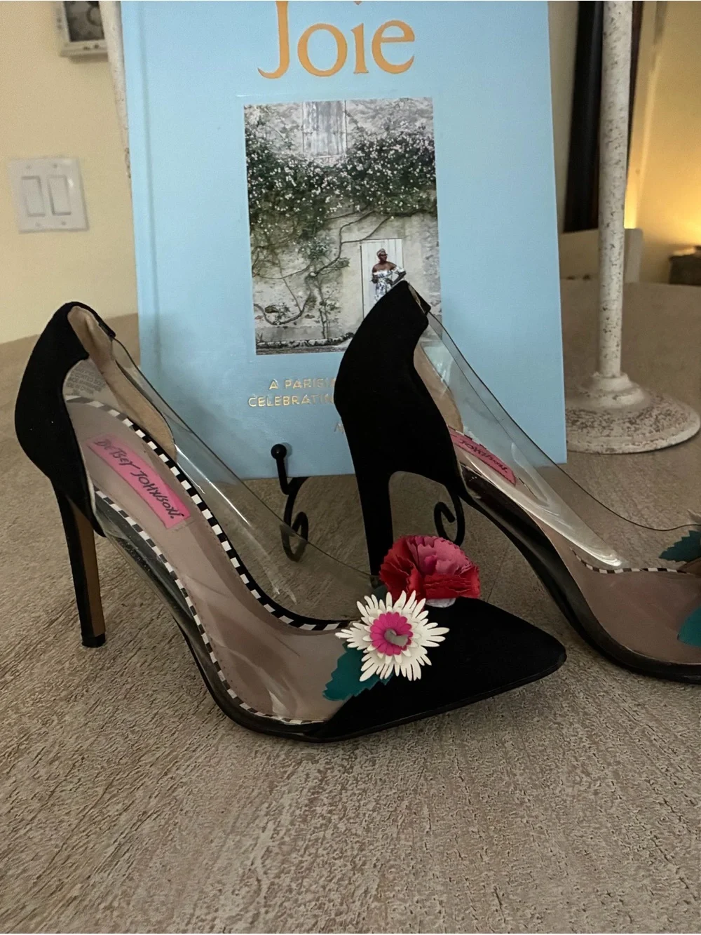 Betsey Johnson Black Pointed Floral Applique Clear Panel Stilettos